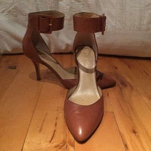 Audrey Brooke tan pump with ankle strap